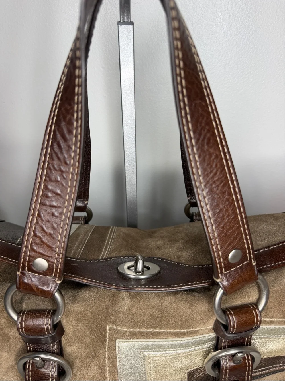 Vintage Coach Rare Suede Patchwork Leather Satchel Y2K Shoulder Bag Brown